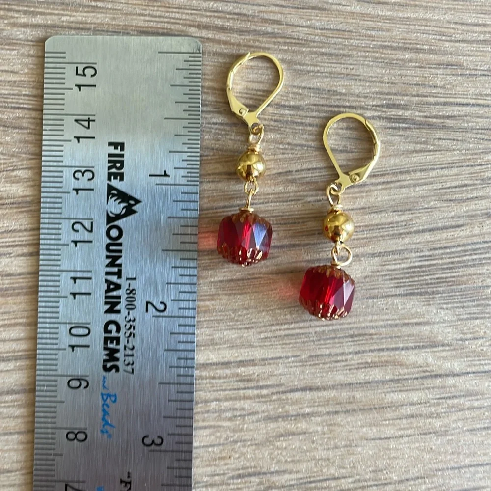 HAND CRAFTED PIERCED EARRINGS Red Cathedral Beads Gold Beads Approximately 1.5”